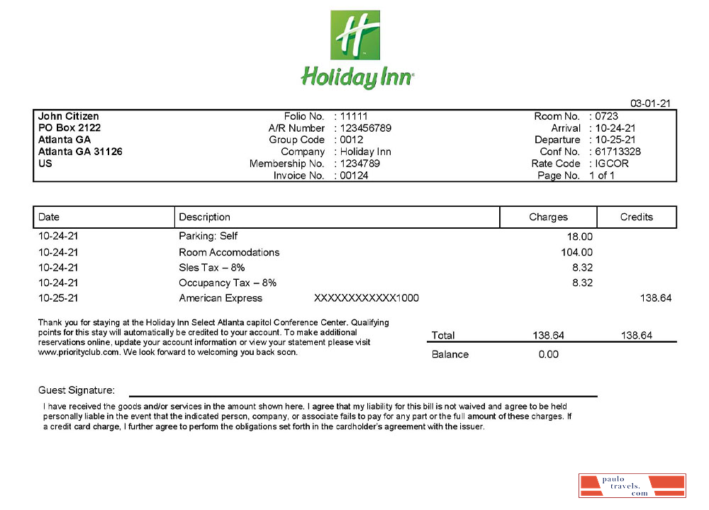 USA Holiday Inn InterContinental Hotels Group invoice template PSD template